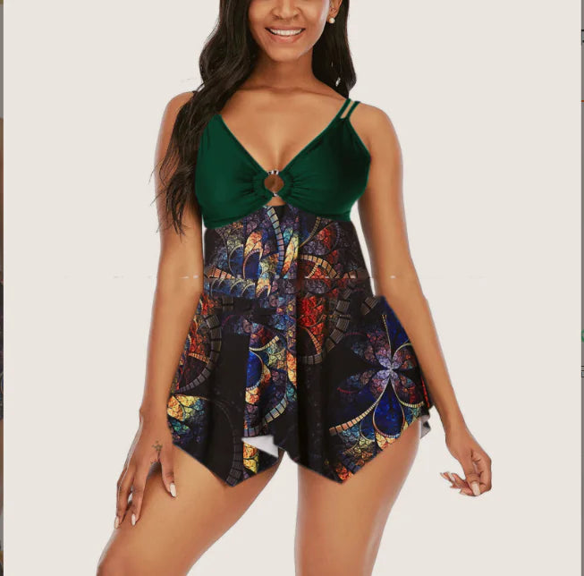 Sling Split Swimsuit with Fashionable Plain Skirt