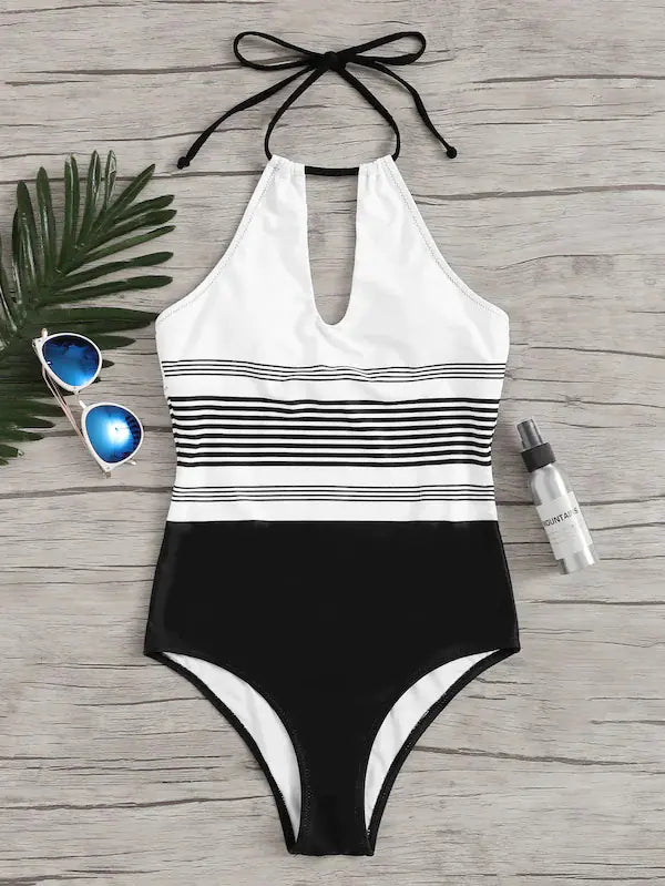 Women's Striped One-Piece Swimsuit - Sexy Design
