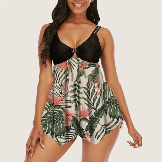 Sling Split Swimsuit with Fashionable Plain Skirt