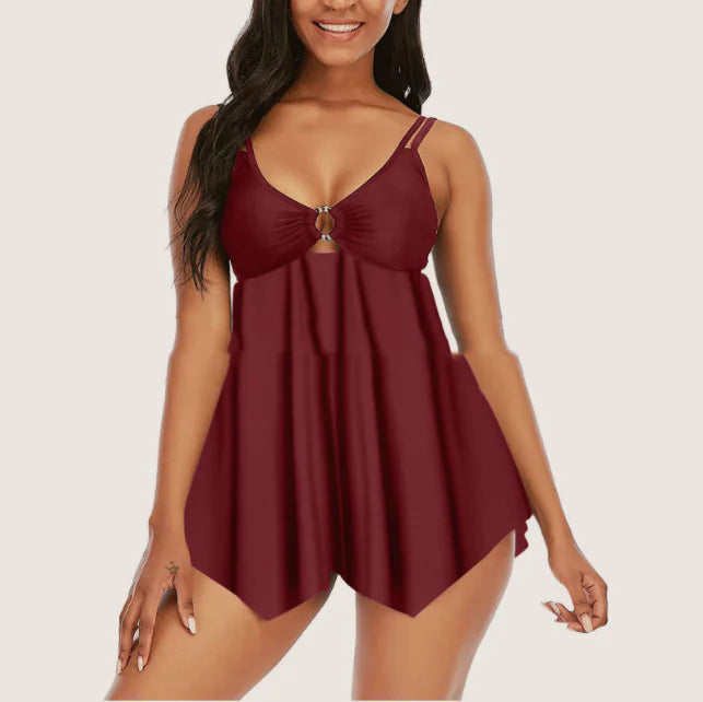 Sling Split Swimsuit with Fashionable Plain Skirt