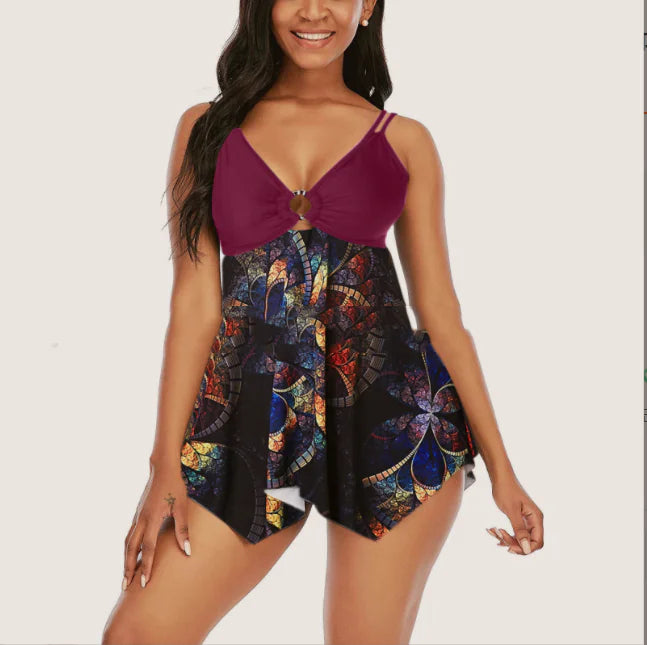 Sling Split Swimsuit with Fashionable Plain Skirt