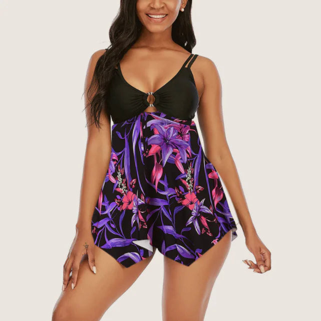 Sling Split Swimsuit with Fashionable Plain Skirt