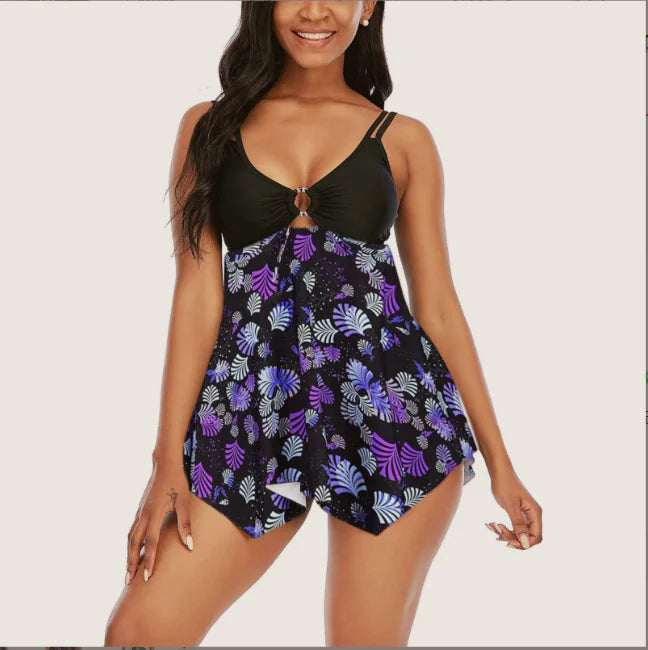 Sling Split Swimsuit with Fashionable Plain Skirt