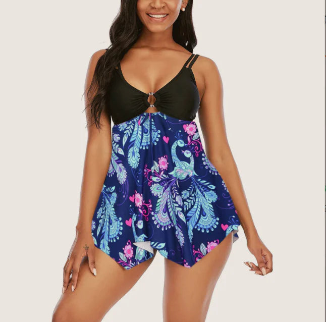 Sling Split Swimsuit with Fashionable Plain Skirt