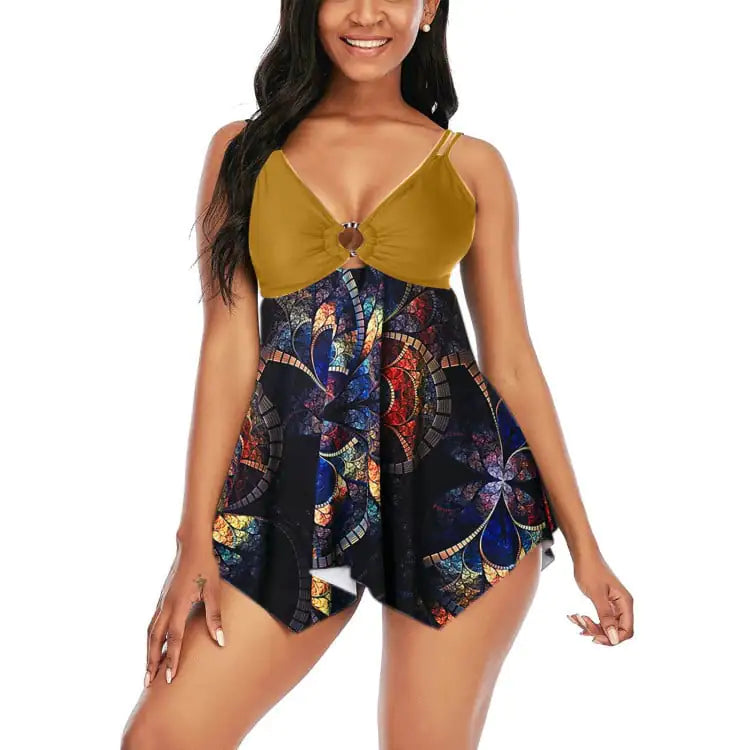 Sling Split Swimsuit with Fashionable Plain Skirt