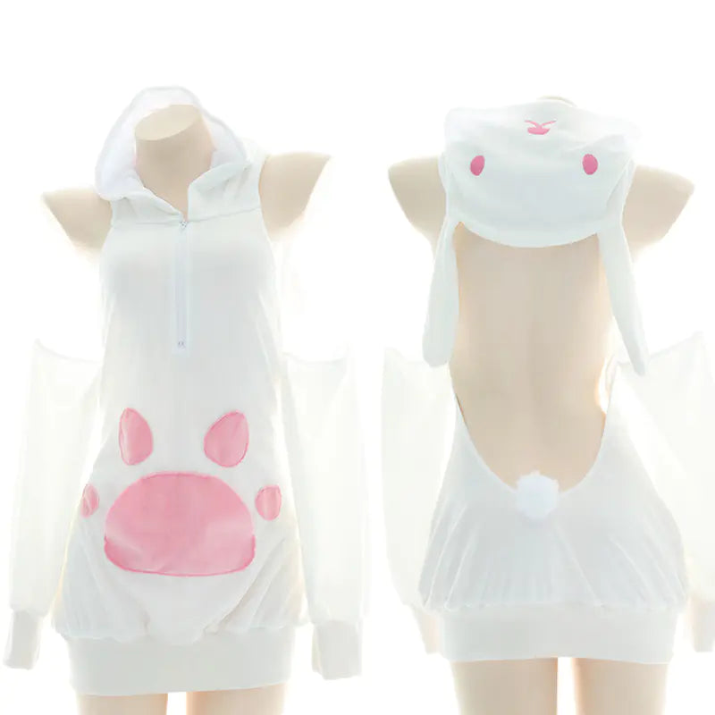 Anime Catgirl Hoodie with Plush Paws and Open Back