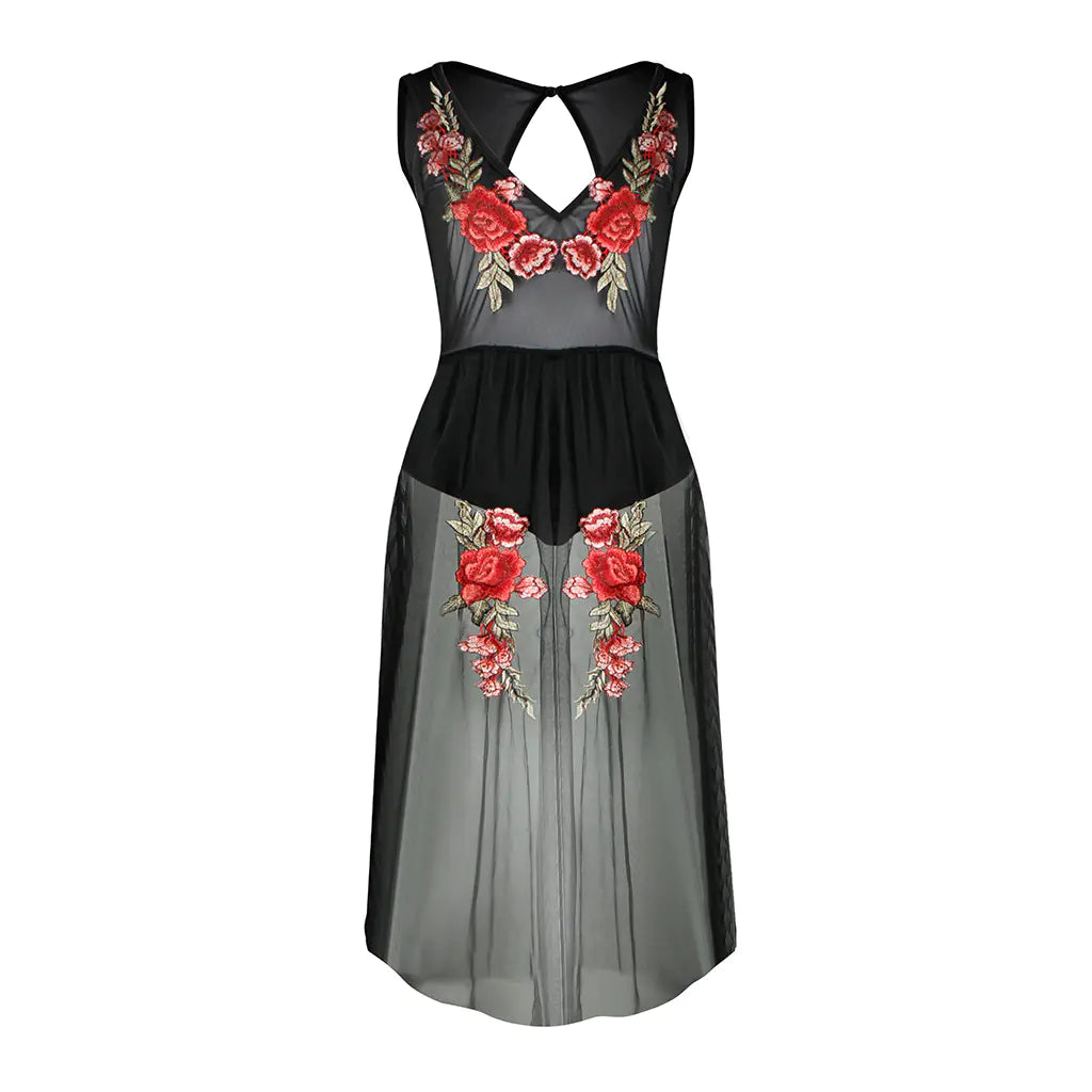 Embroidered Floral Sheer Backless Mesh Swimsuit Dress