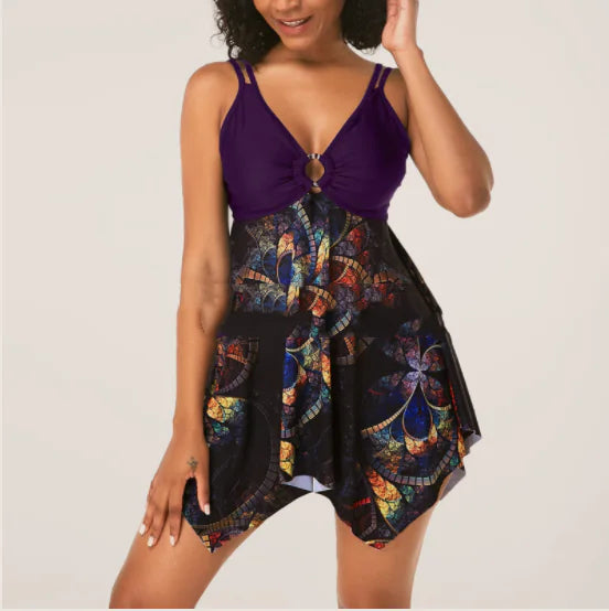 Sling Split Swimsuit with Fashionable Plain Skirt