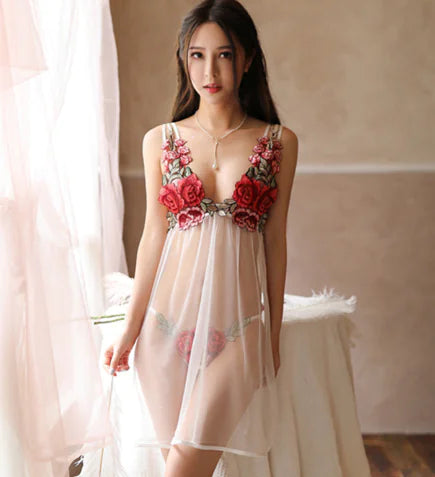 Embroidered Floral Sheer Backless Mesh Swimsuit Dress