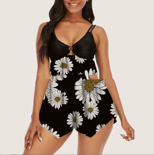 Sling Split Swimsuit with Fashionable Plain Skirt