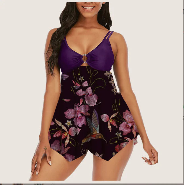 Sling Split Swimsuit with Fashionable Plain Skirt