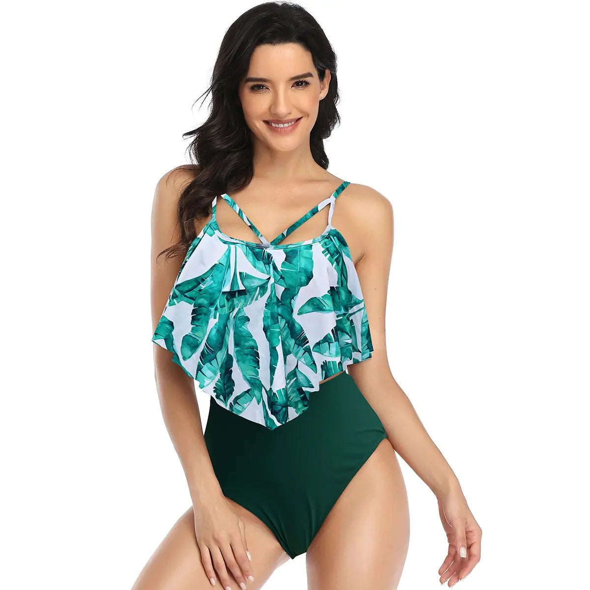 Multicolor Ruffled Split Swimsuit with Belly Coverage