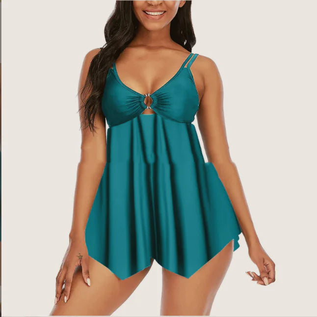 Sling Split Swimsuit with Fashionable Plain Skirt