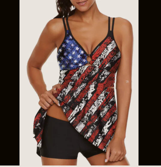 Sling Split Swimsuit with Fashionable Plain Skirt