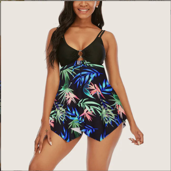 Sling Split Swimsuit with Fashionable Plain Skirt